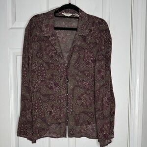 J. JILL Brown 100% Rayon Button Front Long Sleeve Blouse Size Large Petite
